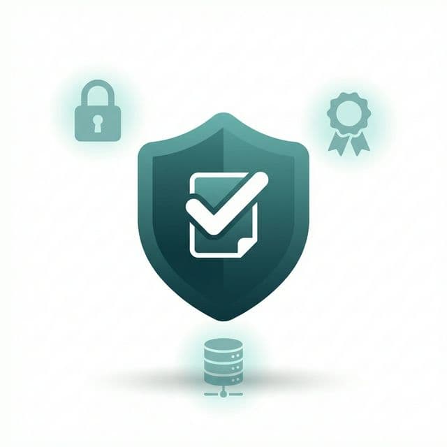 Escudo con un documento verificado, un candado y un servidor de datos