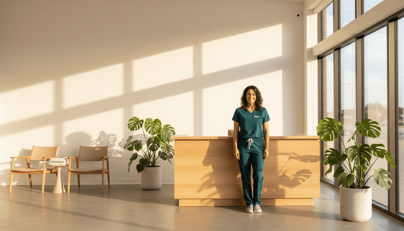 Modern boutique clinic with natural light and teal-scrub doctor
