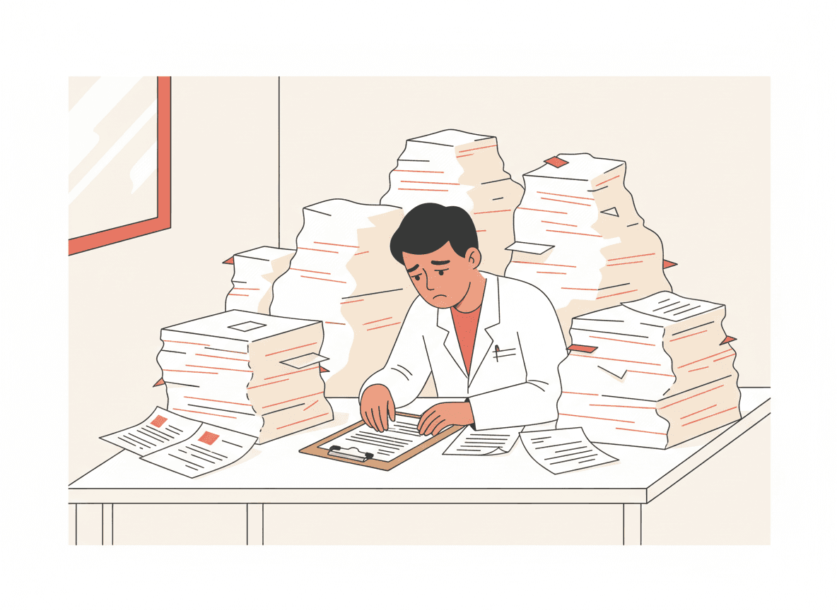 Doctor en bata rodeado de pilas de papeles, llenando una historia clínica a mano