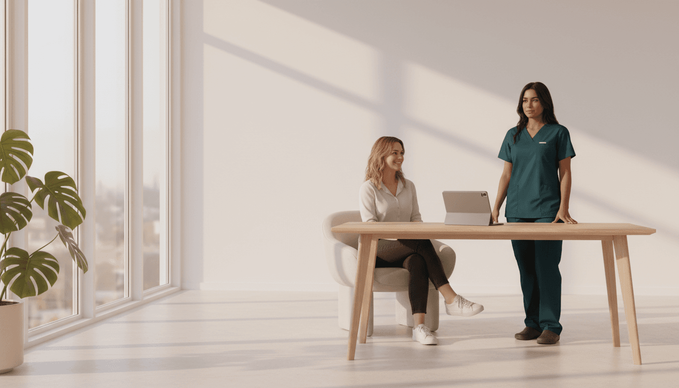 Doctor in dark teal scrubs consulting with a patient in a modern boutique clinic